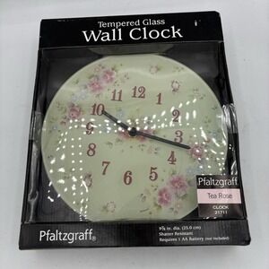 Pfaltzgraff Wall Clock Tea Rose Floral 9 7/8" Analog 1-12 Tempered Glass 21711